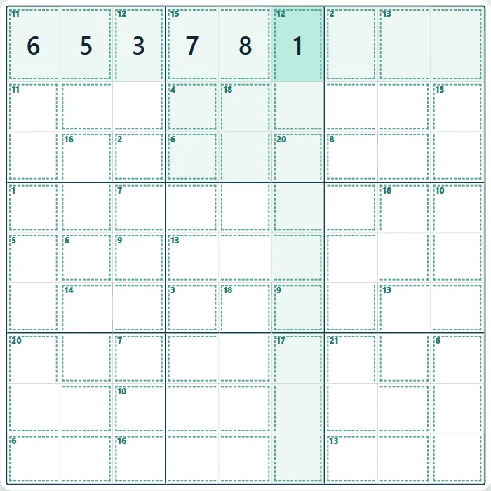 Killer Sudoku en dificultad alta después de 6 pistas reales del juego.