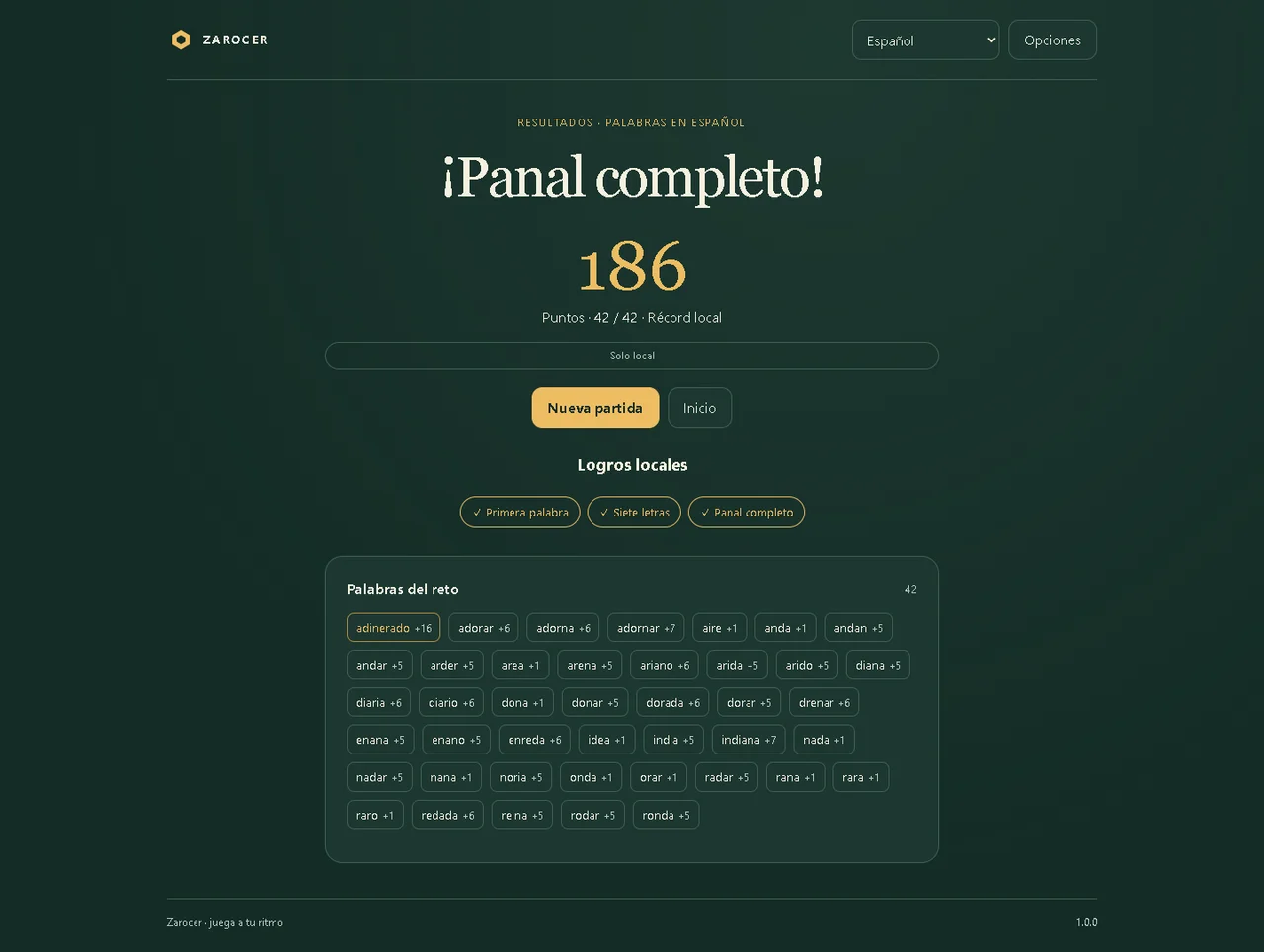 Palabras en panal: Resumen de un panal completado