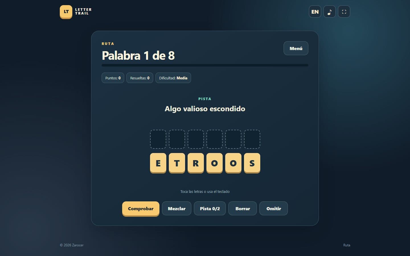 Partida inicial de Letter Trail: palabras desordenadas en español.