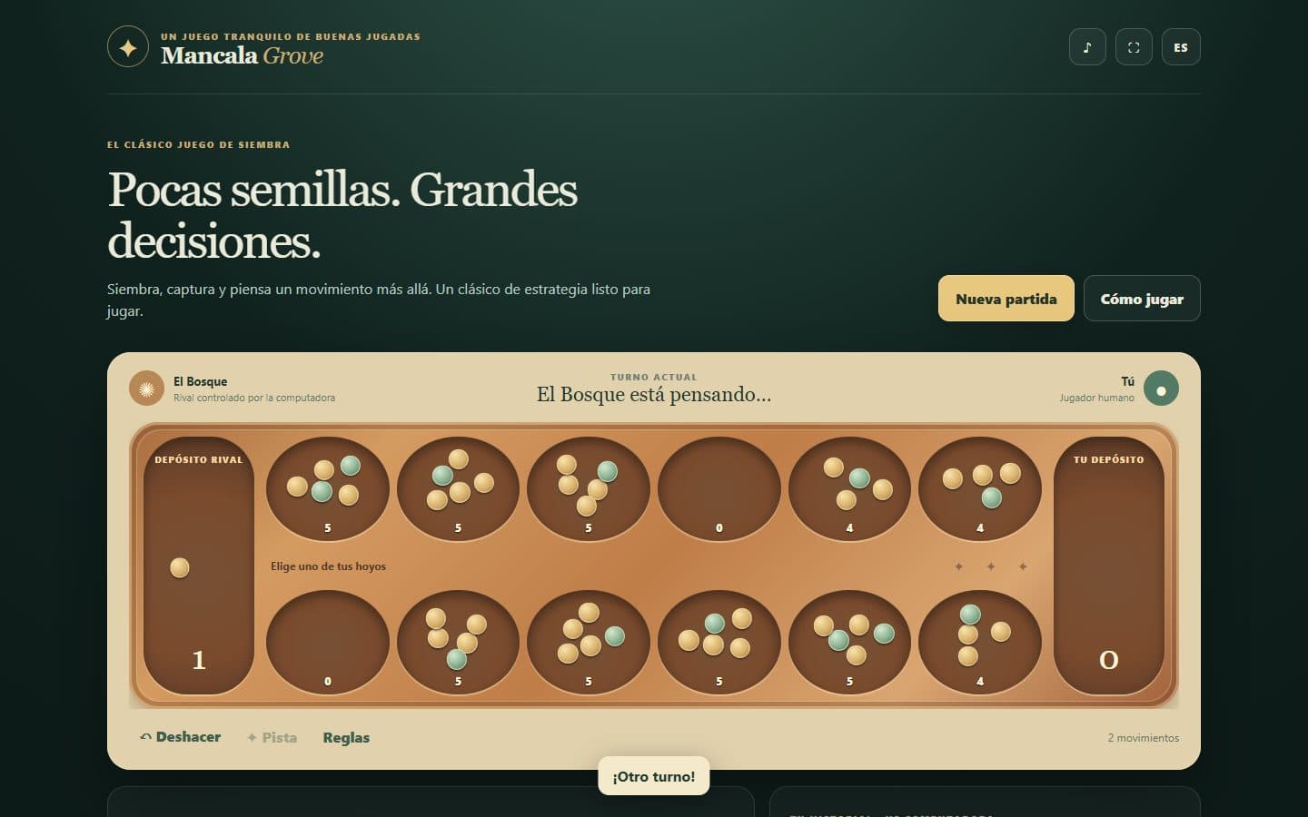 Partida de Mancala Grove después de una jugada.