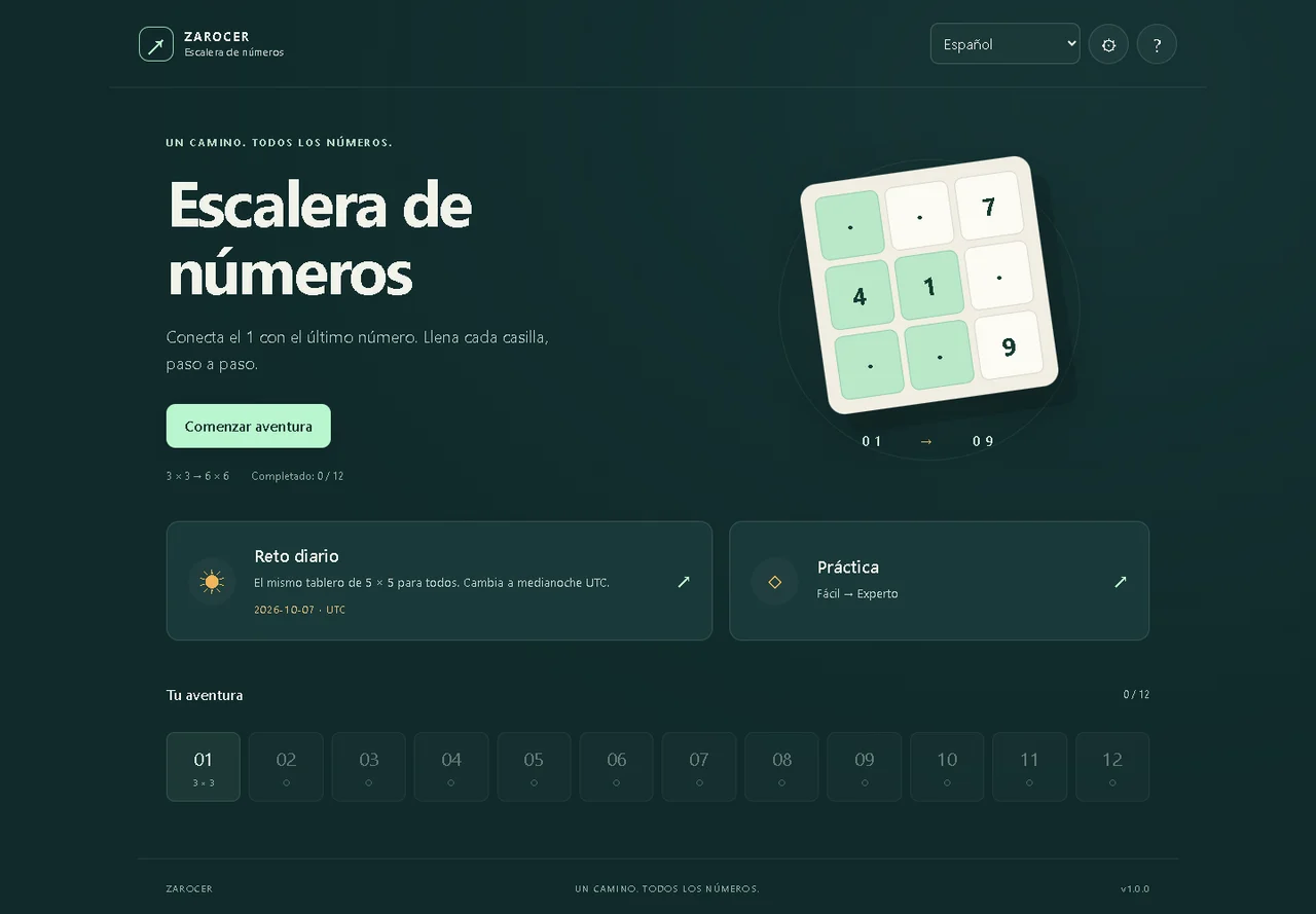 Escalera de números: Menú y acceso a la aventura de caminos numéricos