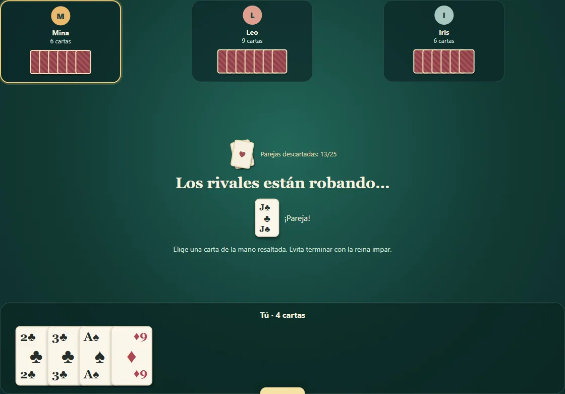 Partida real de La Solterona, posición 1 con mano propia visible y cartas rivales ocultas.