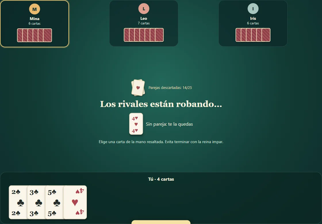 Partida real de La Solterona, posición 2 con mano propia visible y cartas rivales ocultas.