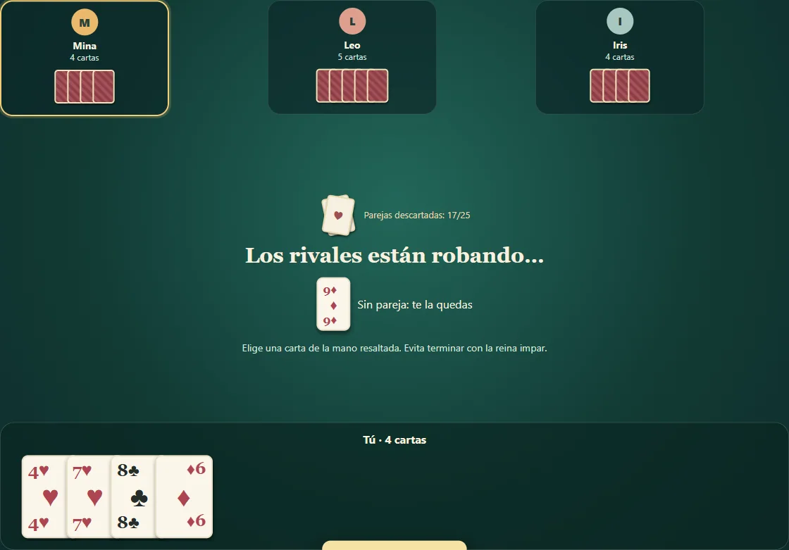Partida real de La Solterona, posición 3 con mano propia visible y cartas rivales ocultas.