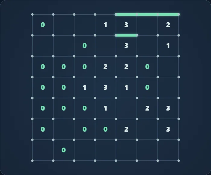 Slitherlink 7×7 con números y 4 correcciones mediante la pista del juego.