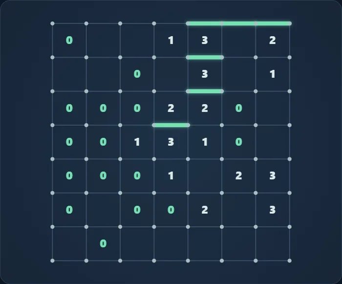Slitherlink 7×7 con números y 6 correcciones mediante la pista del juego.