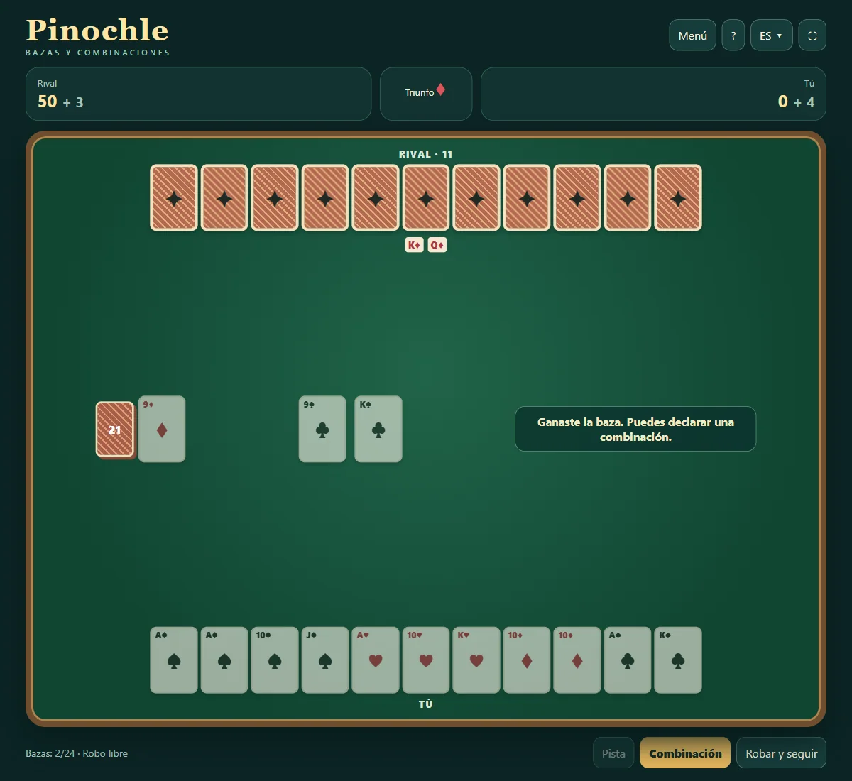 Partida real de Pinochle, posición 1 con cartas propias visibles y cartas rivales ocultas.