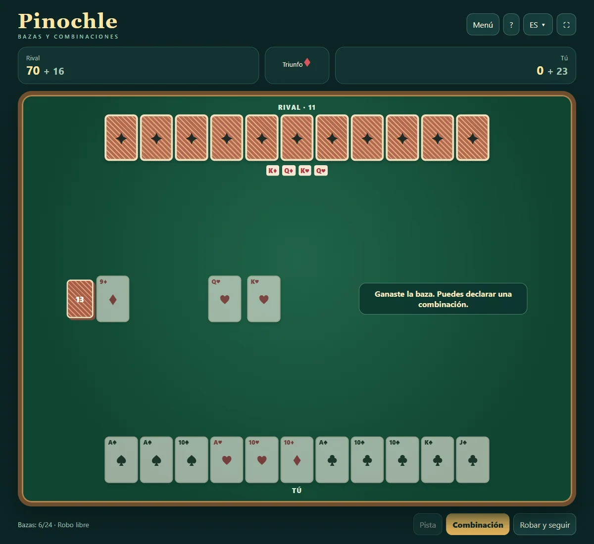 Partida real de Pinochle, posición 3 con cartas propias visibles y cartas rivales ocultas.