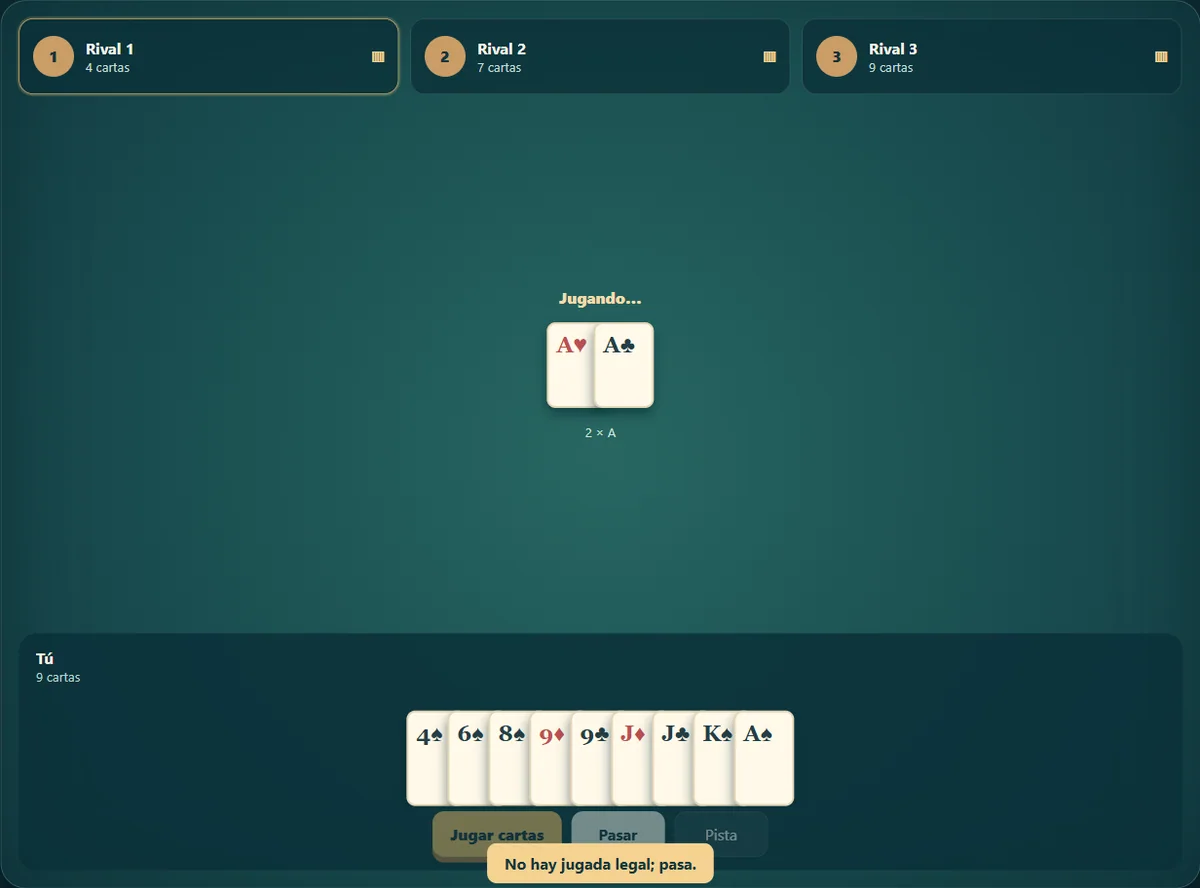 Partida real de Presidente, posición 2 con cartas propias visibles y cartas rivales ocultas.
