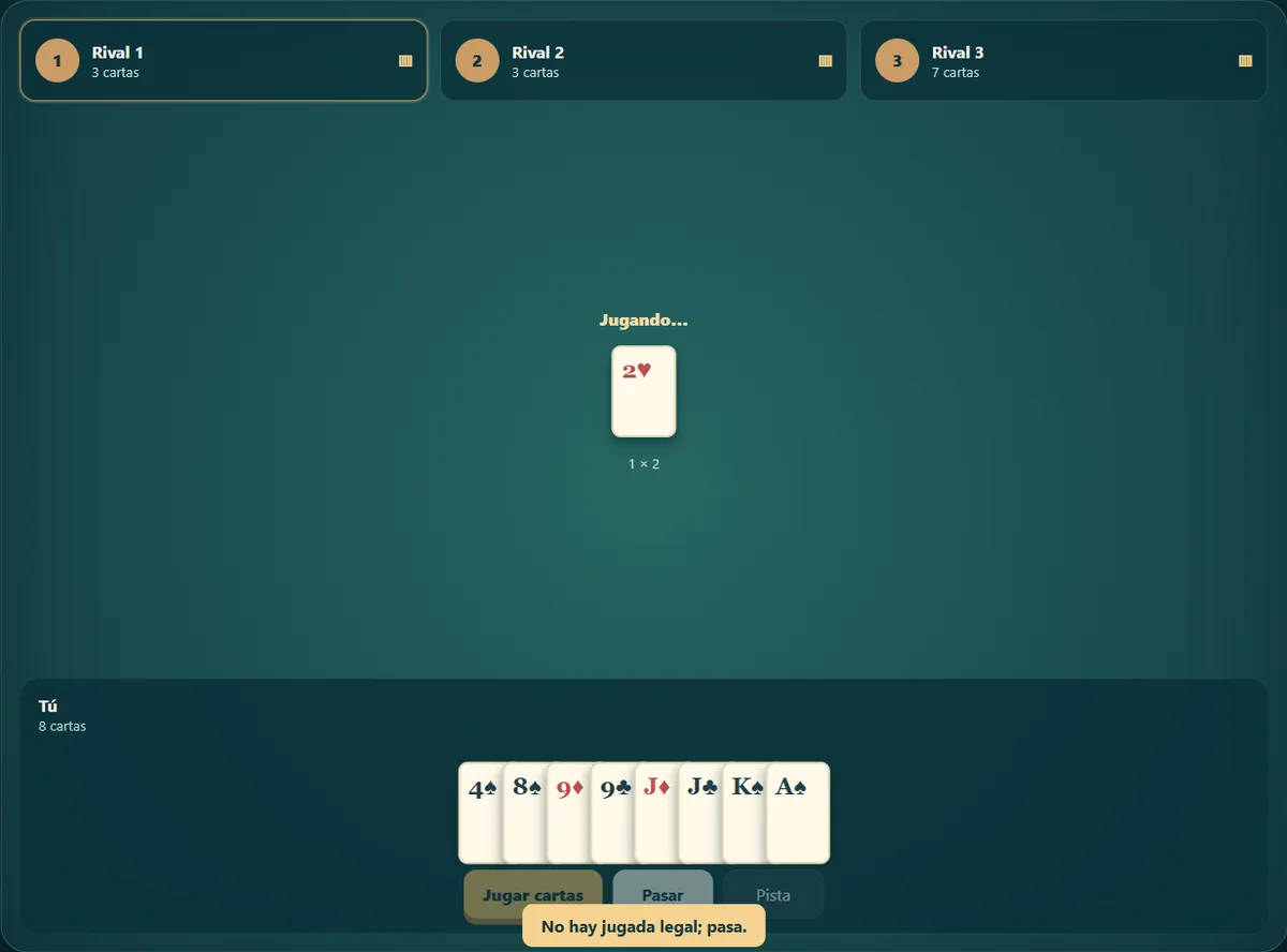 Partida real de Presidente, posición 3 con cartas propias visibles y cartas rivales ocultas.