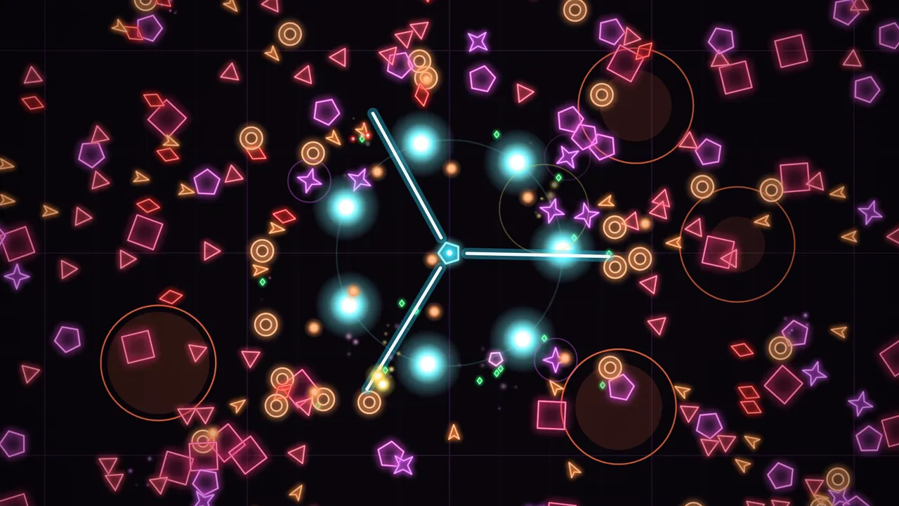 Combate de Prism Siege con núcleo, armas automáticas y enemigos geométricos.