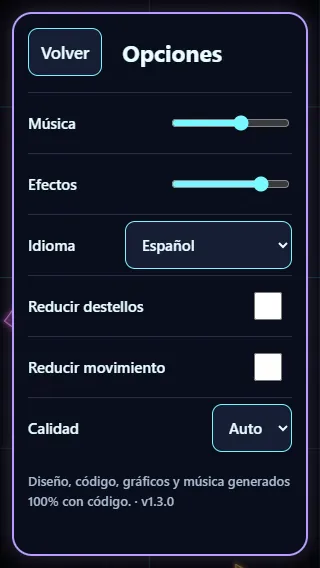 Opciones de Prism Siege en pantalla estrecha con idioma, sonido y reducción de movimiento.