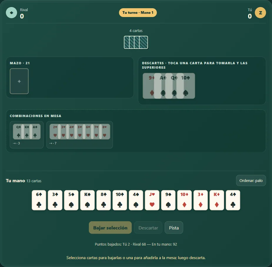 Rummy 500 con combinaciones abiertas, descarte y cartas en la mano. Escena 1.