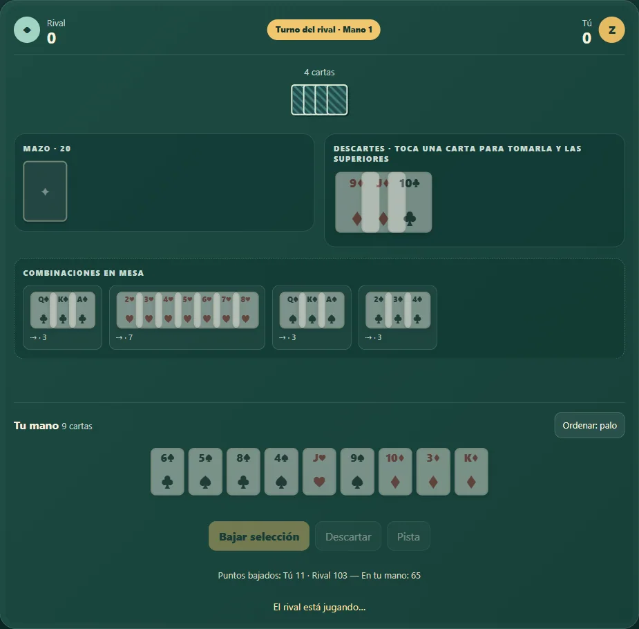 Rummy 500 con combinaciones abiertas, descarte y cartas en la mano. Escena 2.