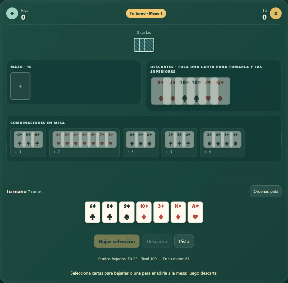 Rummy 500 con combinaciones abiertas, descarte y cartas en la mano. Escena 3.
