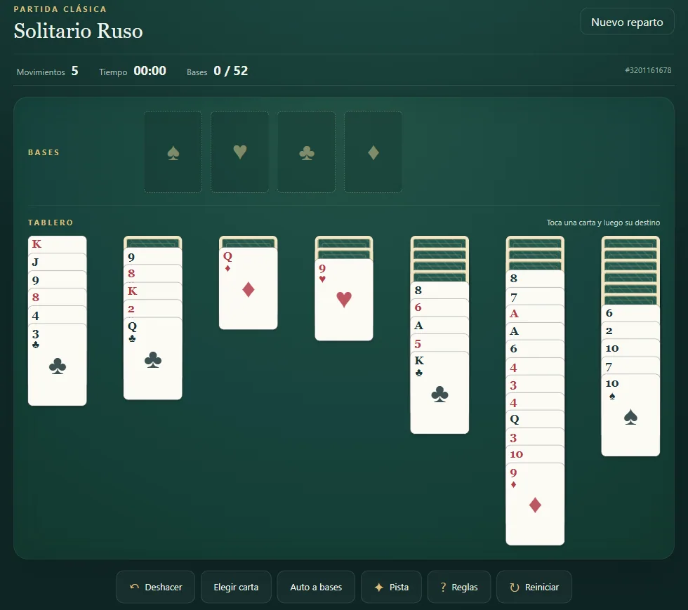 Tablero de Solitario Ruso, posición 1 de una partida real con cartas repartidas y cimientos visibles.