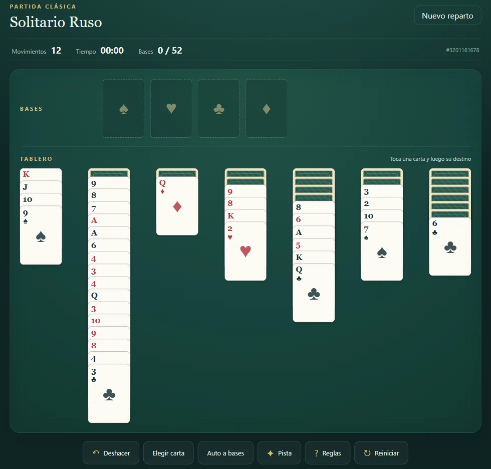 Tablero de Solitario Ruso, posición 2 de una partida real con cartas repartidas y cimientos visibles.