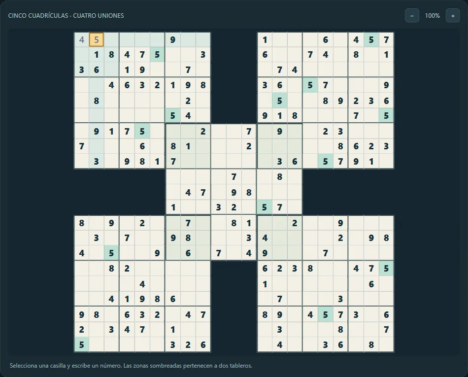 Samurai Sudoku en dificultad alta después de 2 pistas reales del juego.