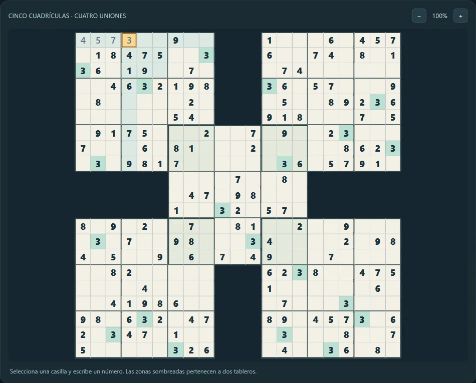 Samurai Sudoku en dificultad alta después de 4 pistas reales del juego.