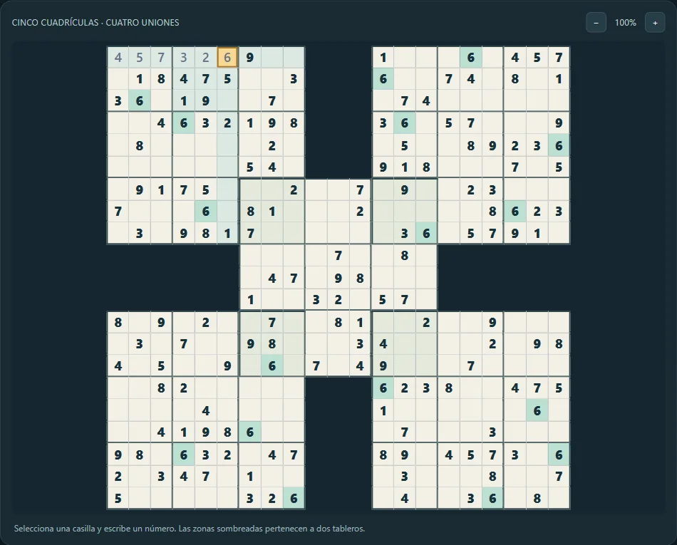 Samurai Sudoku en dificultad alta después de 6 pistas reales del juego.