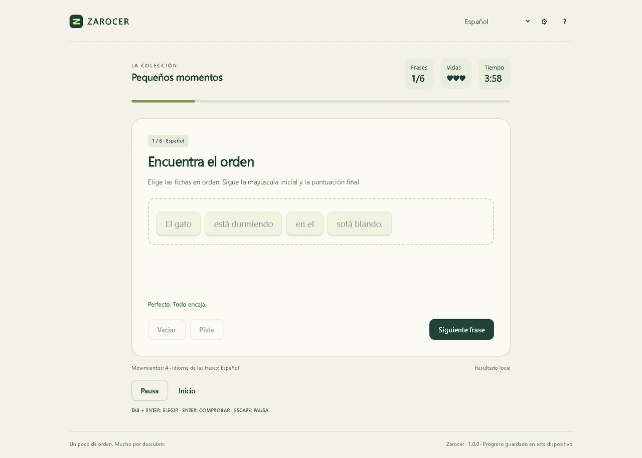 Construir frases: Frase ordenada y control de comprobación
