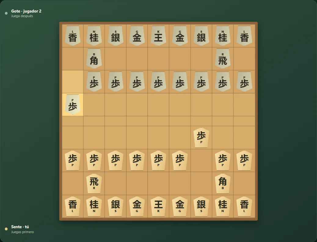 Partida real de Shogi, posición 1 del tablero después de movimientos nativos.