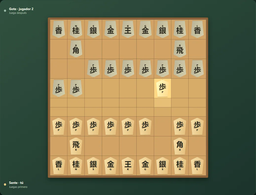 Partida real de Shogi, posición 2 del tablero después de movimientos nativos.