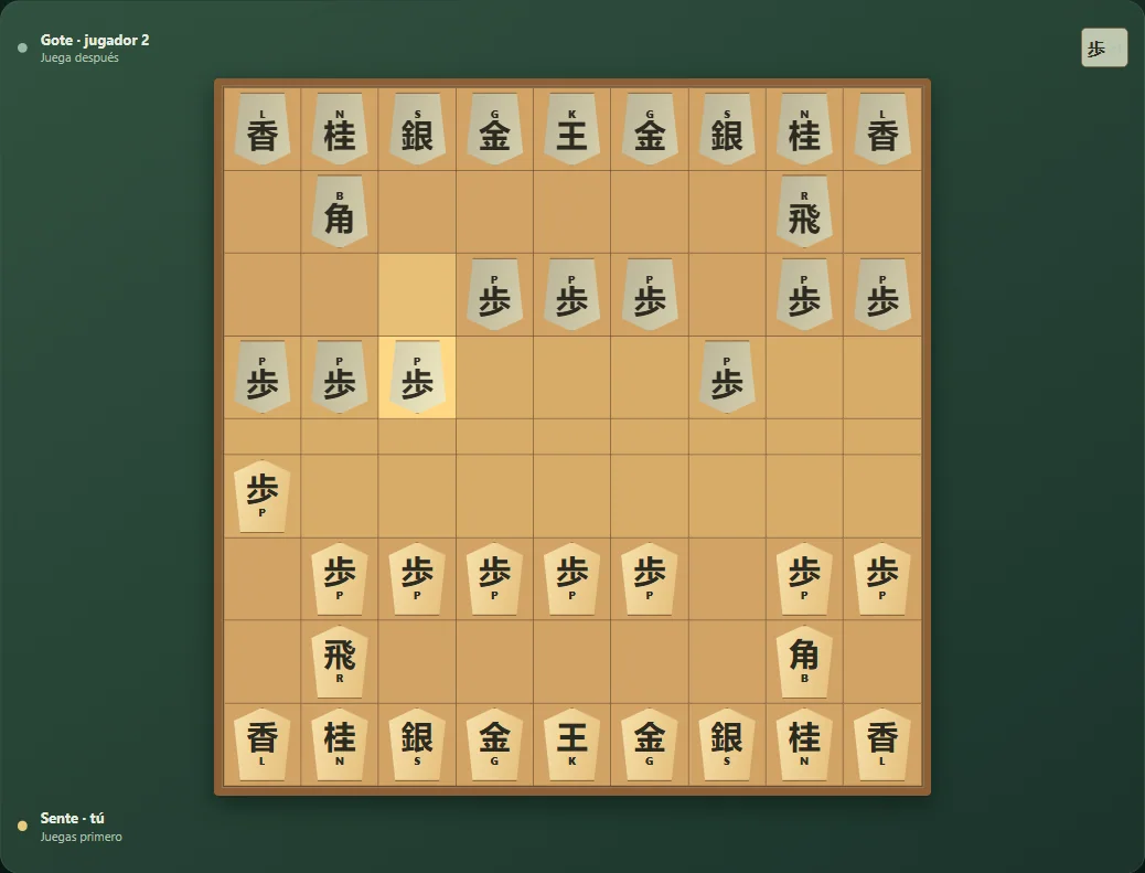 Partida real de Shogi, posición 3 del tablero después de movimientos nativos.