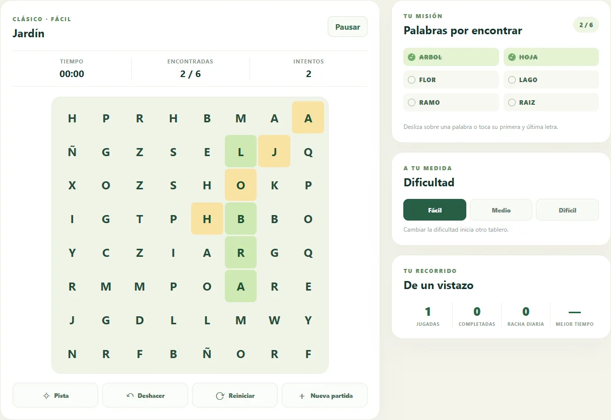 Sopa de Letras con 2 de 6 palabras encontradas