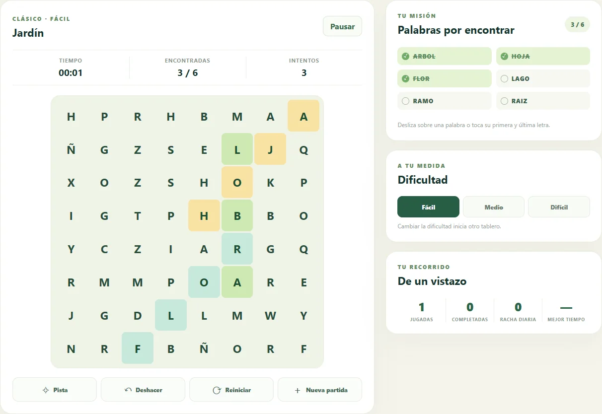 Sopa de Letras con 3 de 6 palabras encontradas