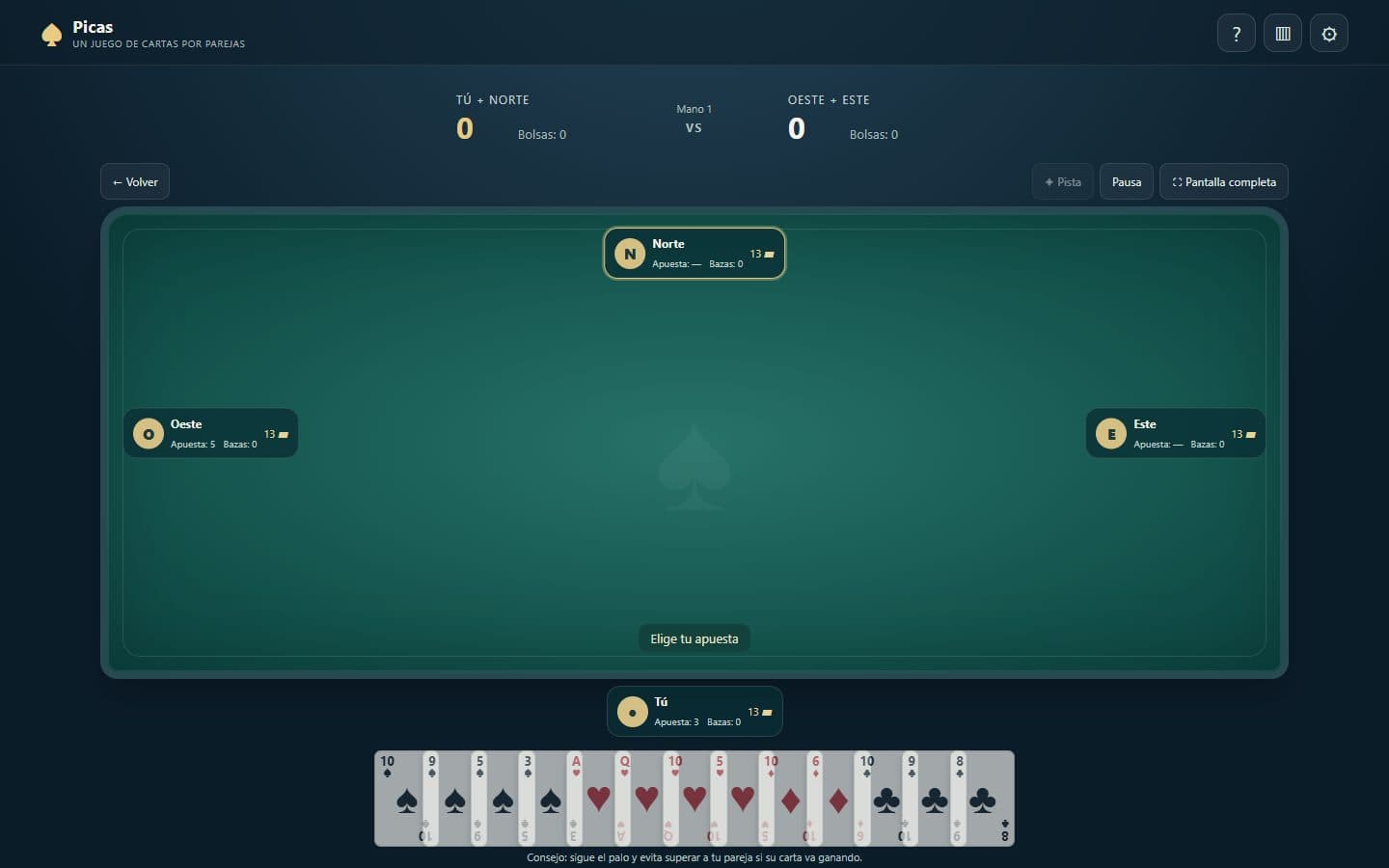 Partida de Picas en español con cartas, apuesta y mesa de bazas.