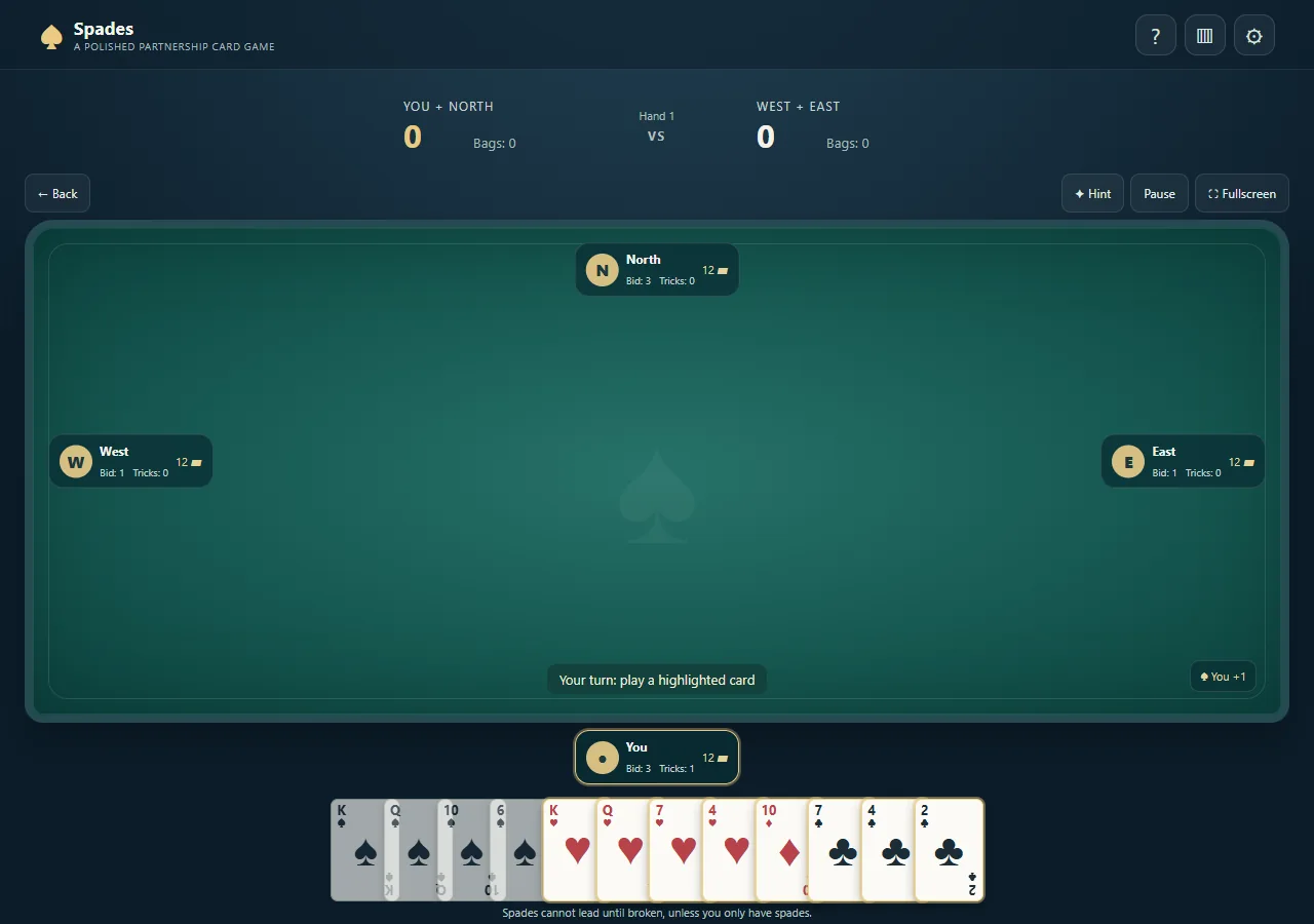 Partida de Spades en inglés con cuatro posiciones y una baza en curso.