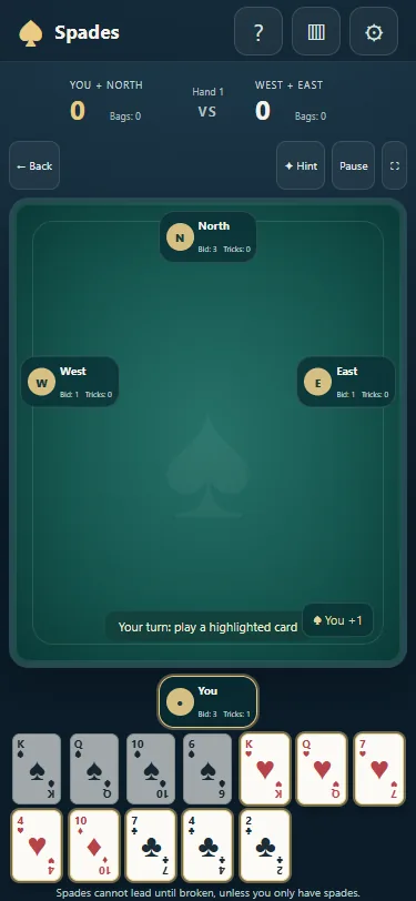 Vista móvil de Spades con mano de cartas y mesa de juego.