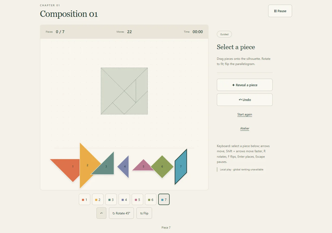 Tangram Atelier: silueta vacía y siete piezas geométricas antes de encajarlas