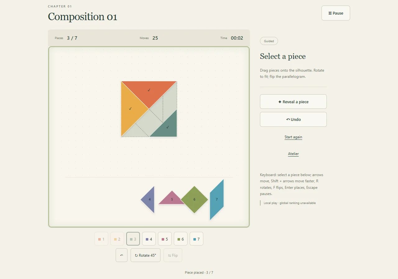 Tangram Atelier: siete piezas y silueta durante una partida