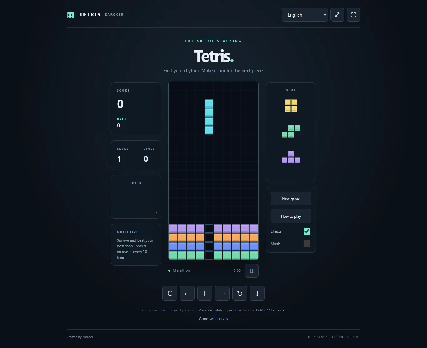 Tablero de Tetris con cuatro filas preparadas para eliminar.
