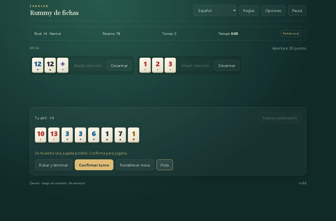 Rummy de fichas: captura de partida 1