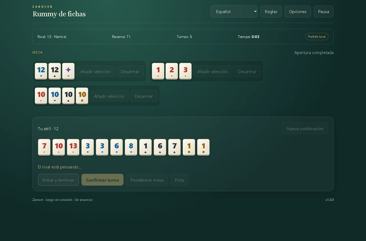 Rummy de fichas: captura de partida 2