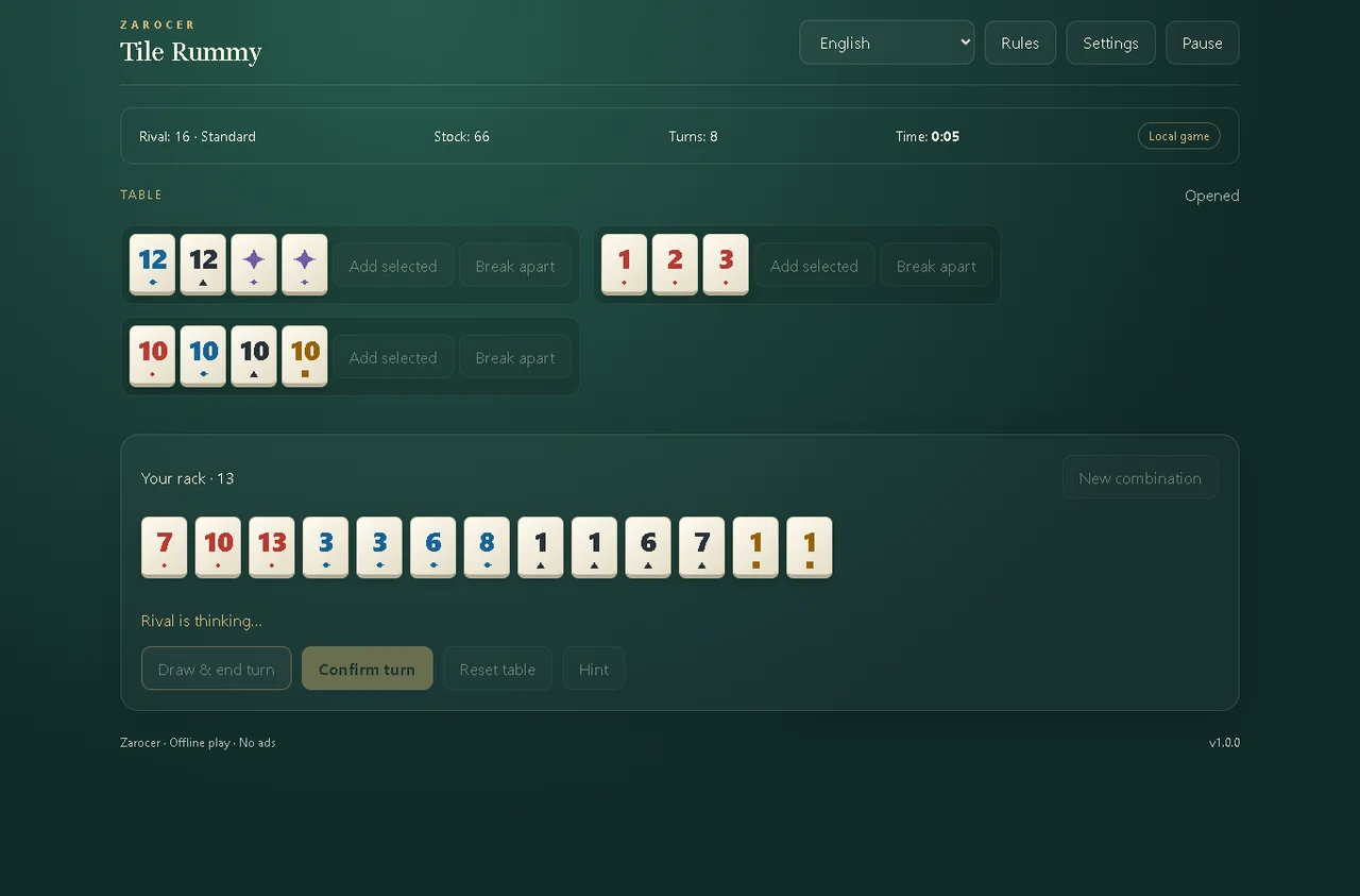 Rummy de fichas: captura de partida 3