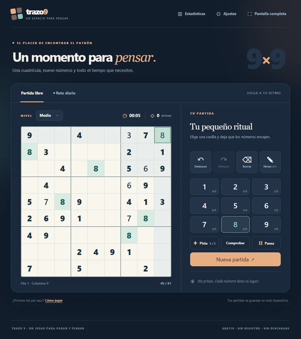 Sudoku con seis casillas resueltas y selección visible