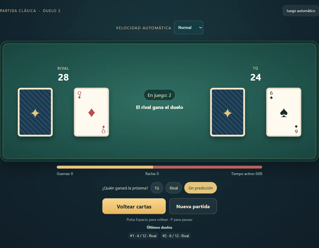 Partida real de Guerra de Cartas, posición 1, con los dos montones y las cartas del duelo boca arriba.