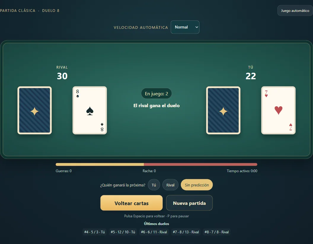Partida real de Guerra de Cartas, posición 3, con los dos montones y las cartas del duelo boca arriba.