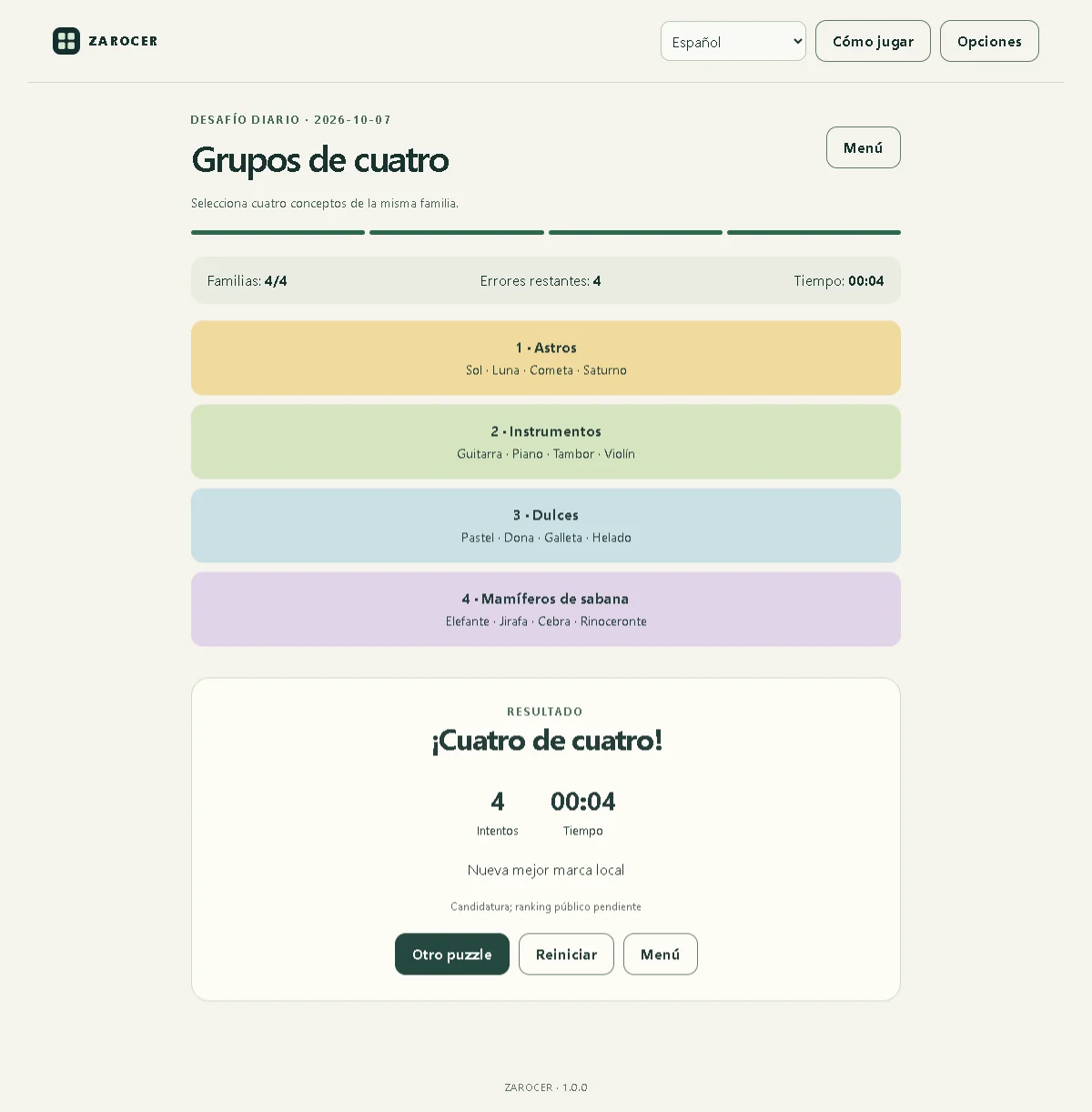 Grupos de cuatro: Cuatro grupos resueltos y resultado