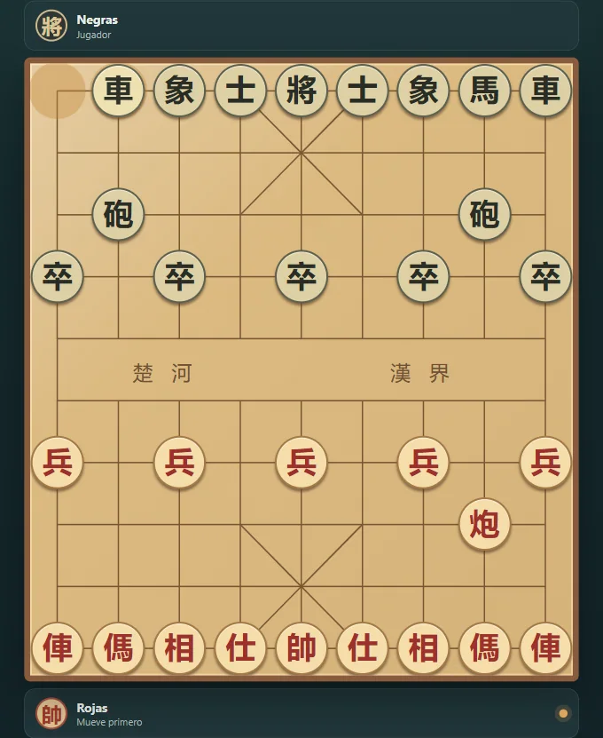 Partida real de Xiangqi, posición 1 del tablero después de movimientos nativos.