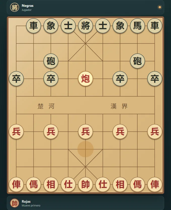 Partida real de Xiangqi, posición 2 del tablero después de movimientos nativos.