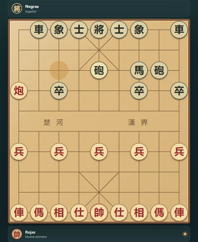 Partida real de Xiangqi, posición 3 del tablero después de movimientos nativos.