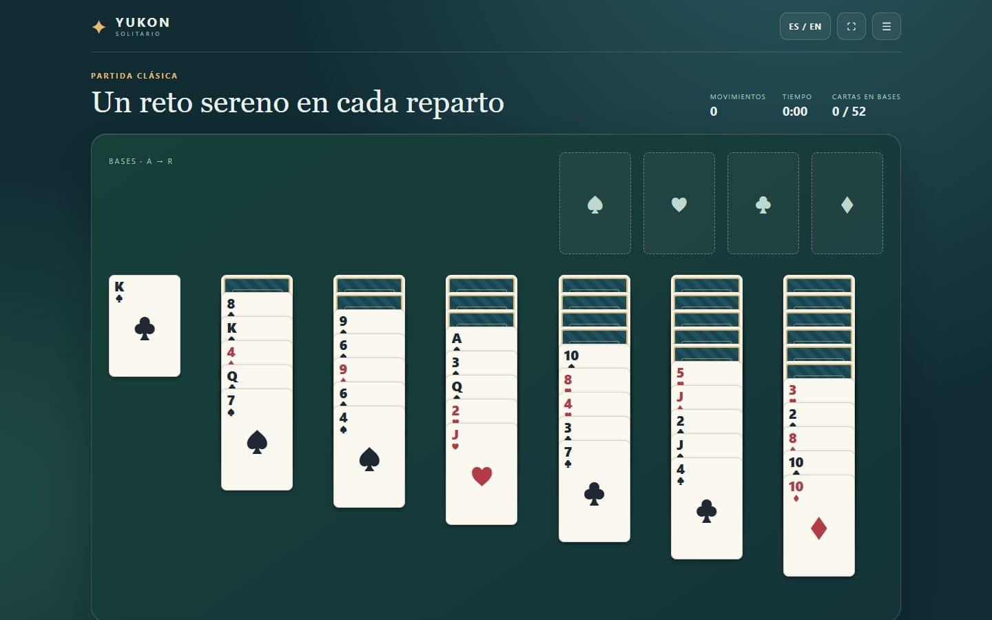 Tablero inicial de Solitario Yukon con las cartas repartidas.