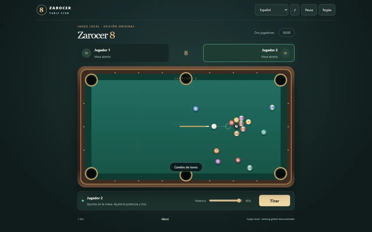 Zarocer 8: mesa de billar y controles de apuntado