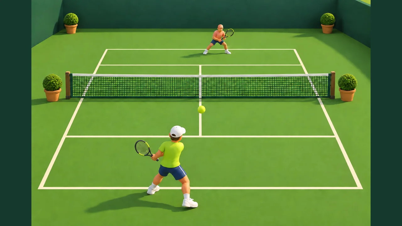 Portada de Tenis Arcade con dos jugadores y una pelota en una cancha verde