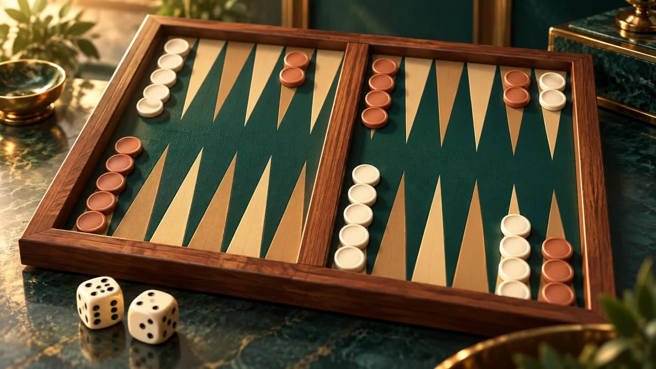 Portada de Backgammon: fichas crema y terracota en un tablero verde de madera junto a dos dados